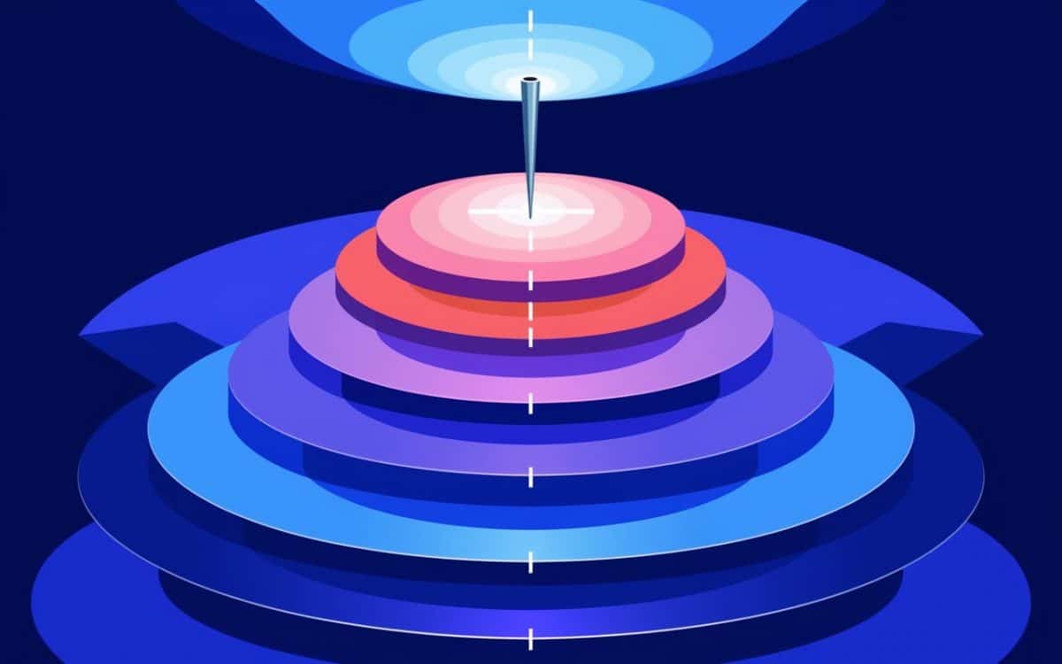 A layered cone-shaped structure made of colorful rings, transitioning from red and purple at the top to blue tones at the base, centered with a vertical axis.