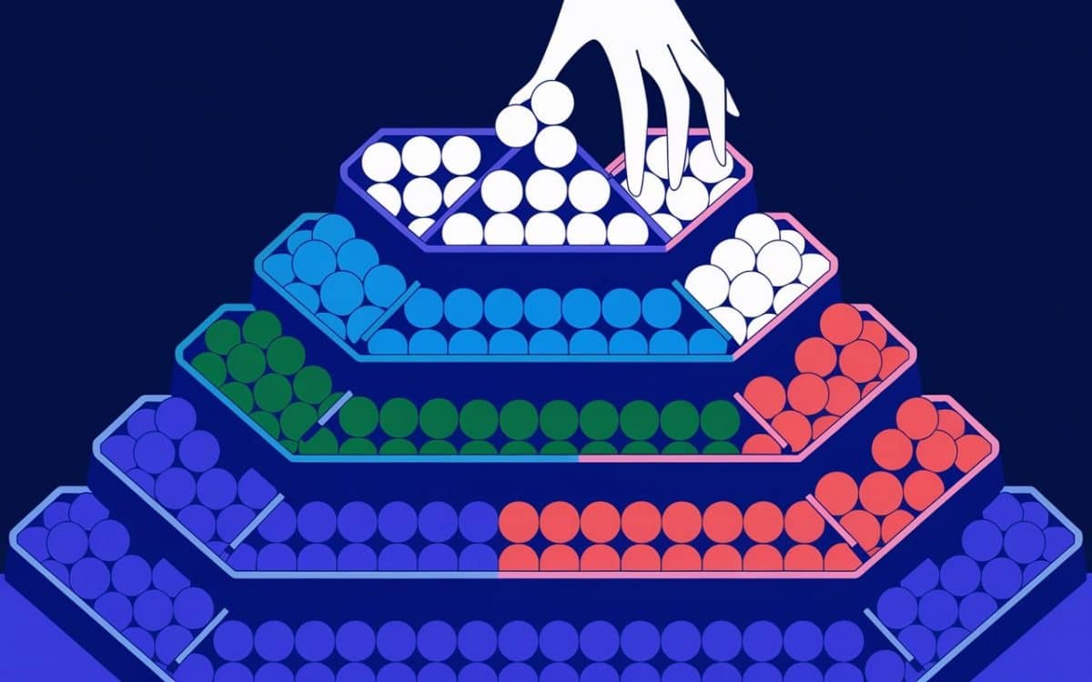 A hand picking white spheres from a pyramid-shaped arrangement of colorful balls in trays, with shades of green, blue, and red on a dark blue backdrop.