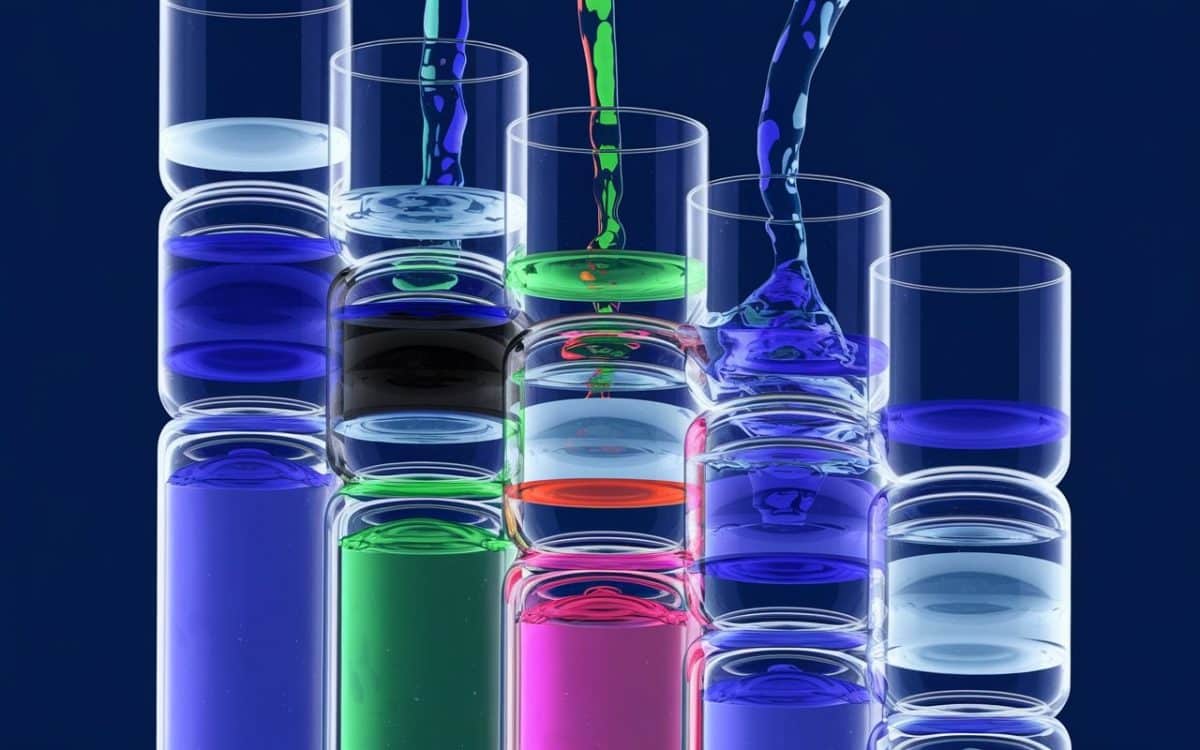 A stack of clear glasses filled with vibrant colored liquids, including blue, green, pink, and purple, against a dark blue background.